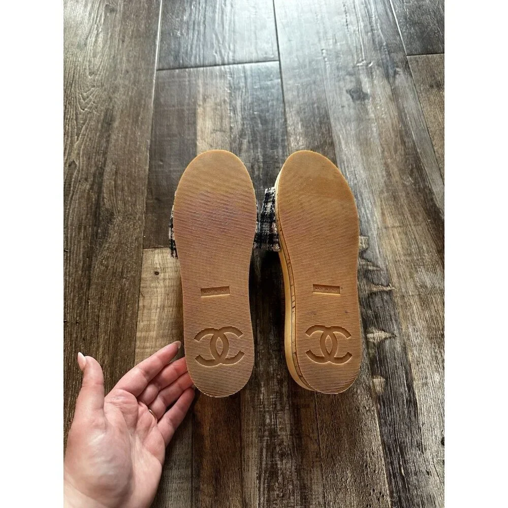 Chanel Tweed Mixed Fibers Cork CC Mule Sandal Navy Blue White Size 38